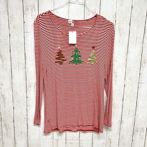 Merry Wear Christmas Tree Striped Top Womens Size M Red White Sequin Long Sleeve